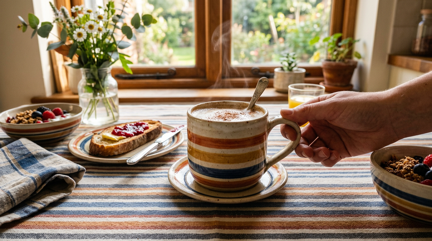 Striped mug on striped tablecloth