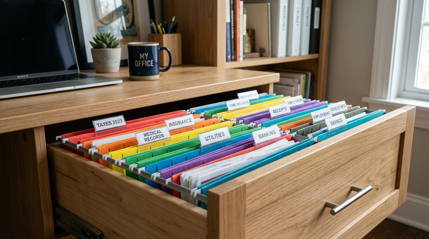 Colorful file folders in open drawer